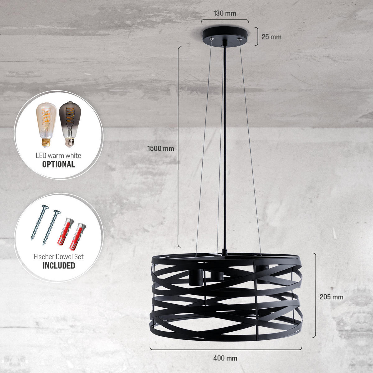 PENDELLEUCHTE Shannon - Schwarz, Metall (40/40/20.5cm) - Paco Home