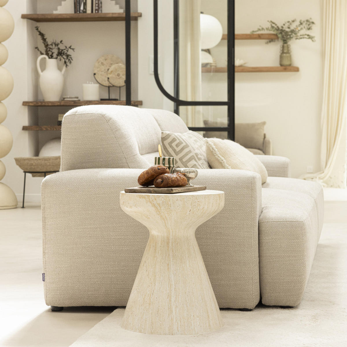 DESIGN-HOCKER - Hocker im Travertin-Effekt, Höhe 45 cm - Beige - Beige, Stein (35/45/35cm) - Drawer