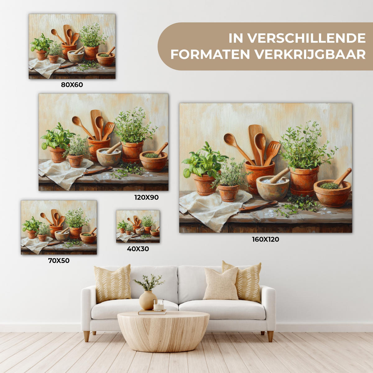 LEINWANDBILD Töpfe - Kräuter - Holz 40x30 cm - Terracotta, Textil (40/30cm) - MuchoWow