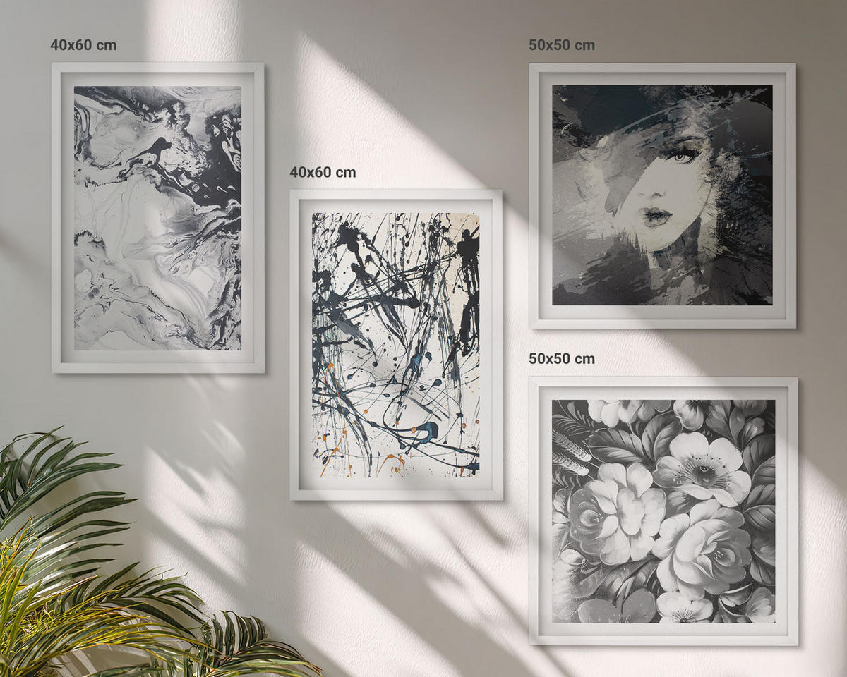 WANDBILDER 4er-Set - 50x50 cm & 40x60 cm Weißer Rahmen - Abstrakte schwarz-weiße Muster - Weiß, Kunststoff (50/50cm) - ArtPrintCave