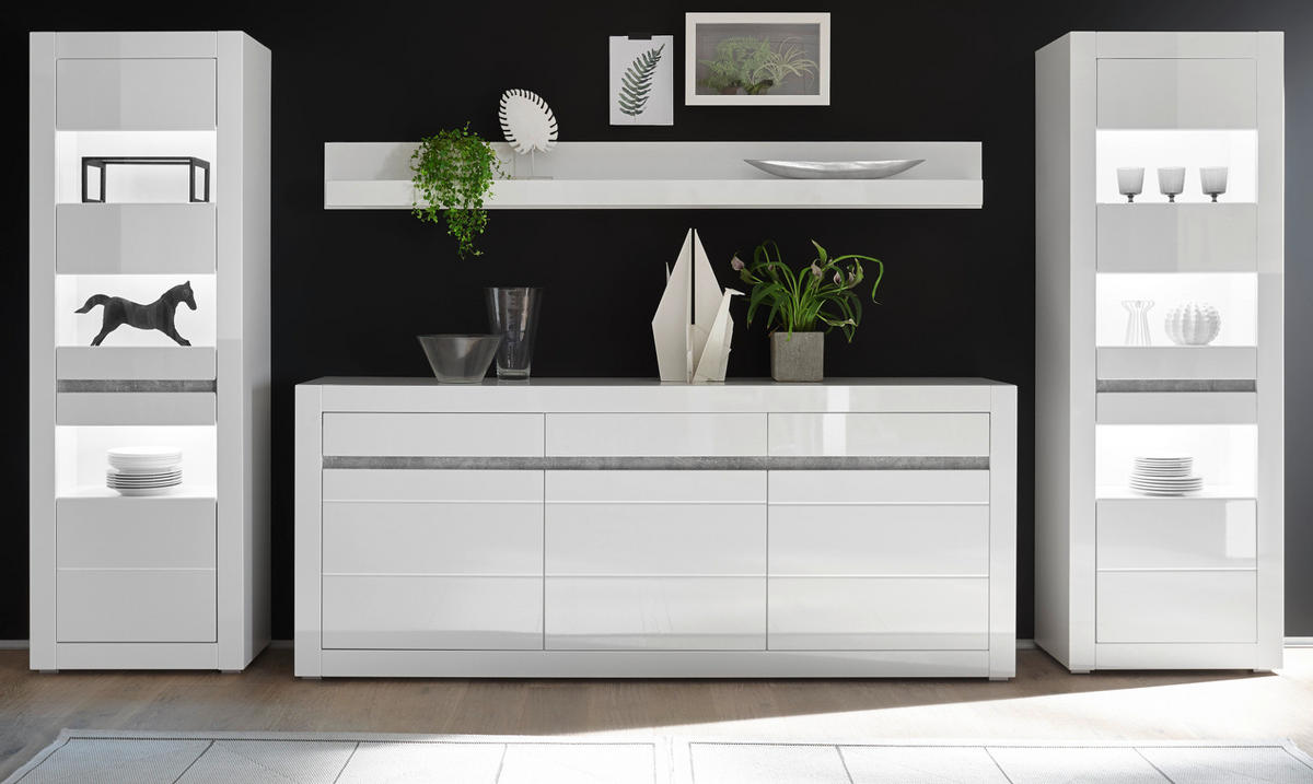 WOHNWAND weiß Hochglanz, Stone Design grau 4-teilig, Anbauwand mit Soft-Close - Weiß Hochglanz/Weiß, Glas/Holzwerkstoff (369/198/42cm) - Furn.Design