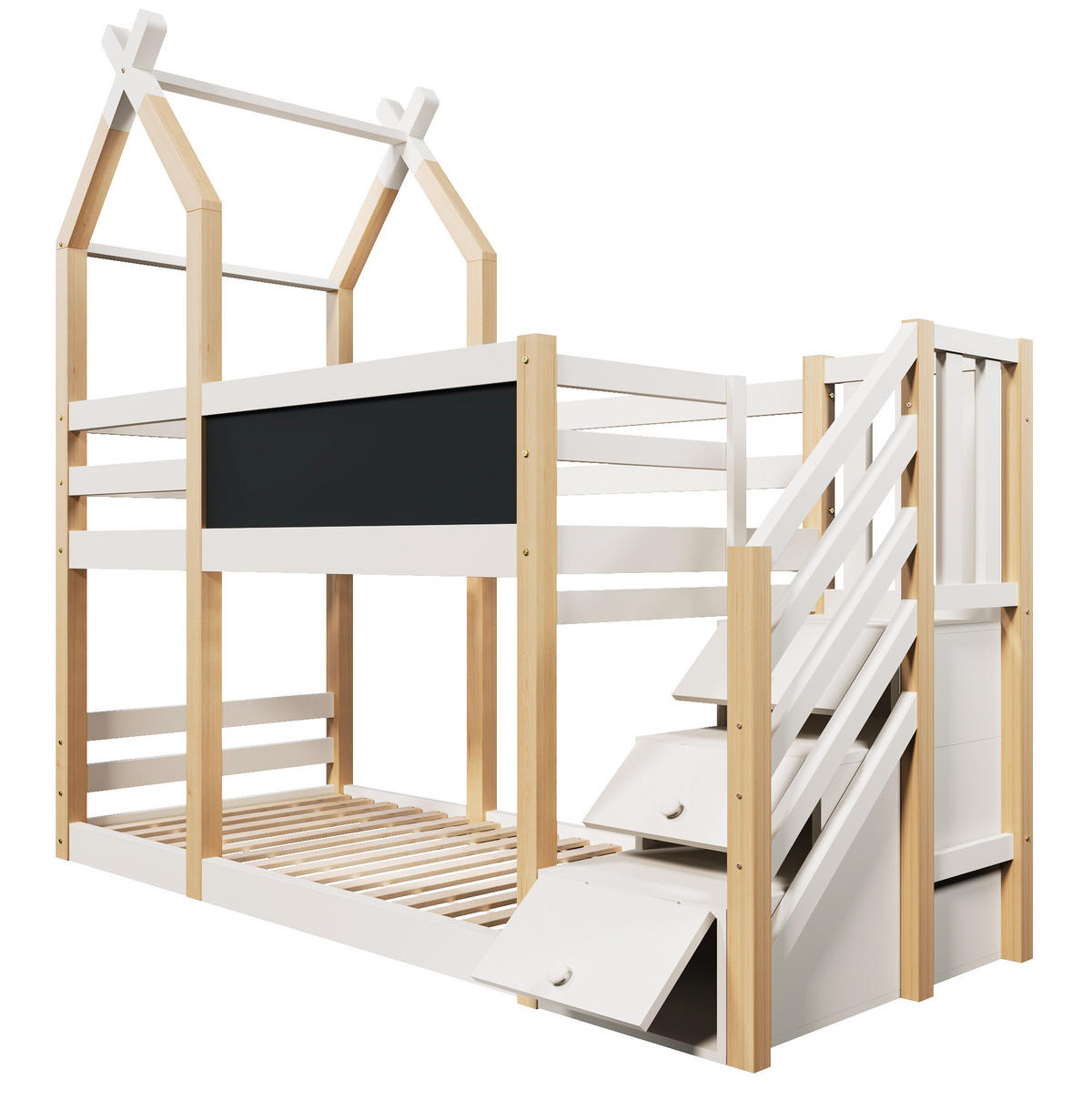 ETAGENBETT 90/200 cm mit Tafel, Stauraumtreppe aus Massivholz und MDF, Baumhaus-Design, Weiß - Weiß, Holzwerkstoff (90/90cm) - Redom