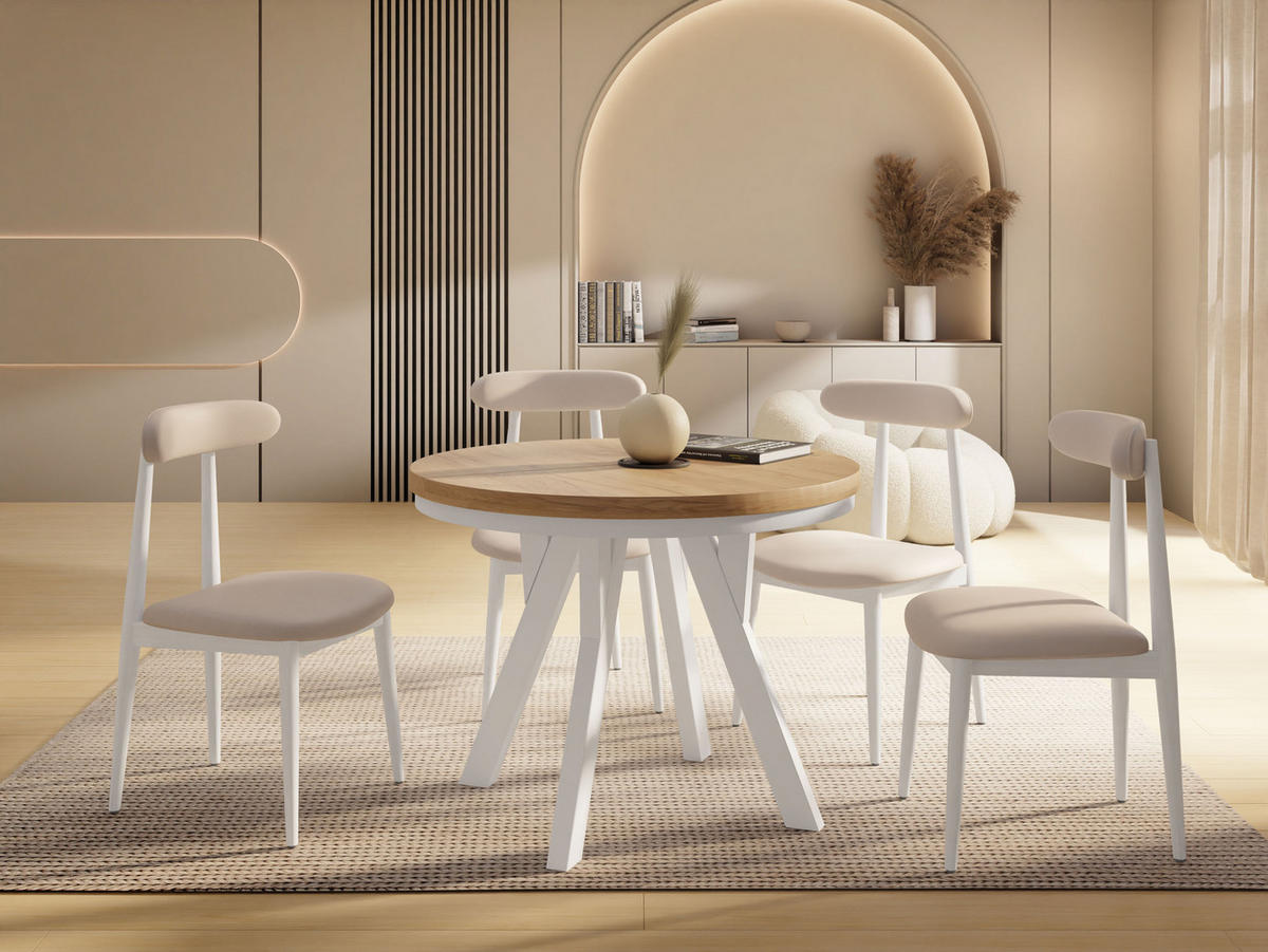 ESSTISCH Vero Neo Weiß rund ausziehbar verlängerbar, Eiche Braun 90-190/90/77 cm - Eiche Wotan/Weiß, Holz/Holzwerkstoff (90/90/77cm) - WFL GROUP