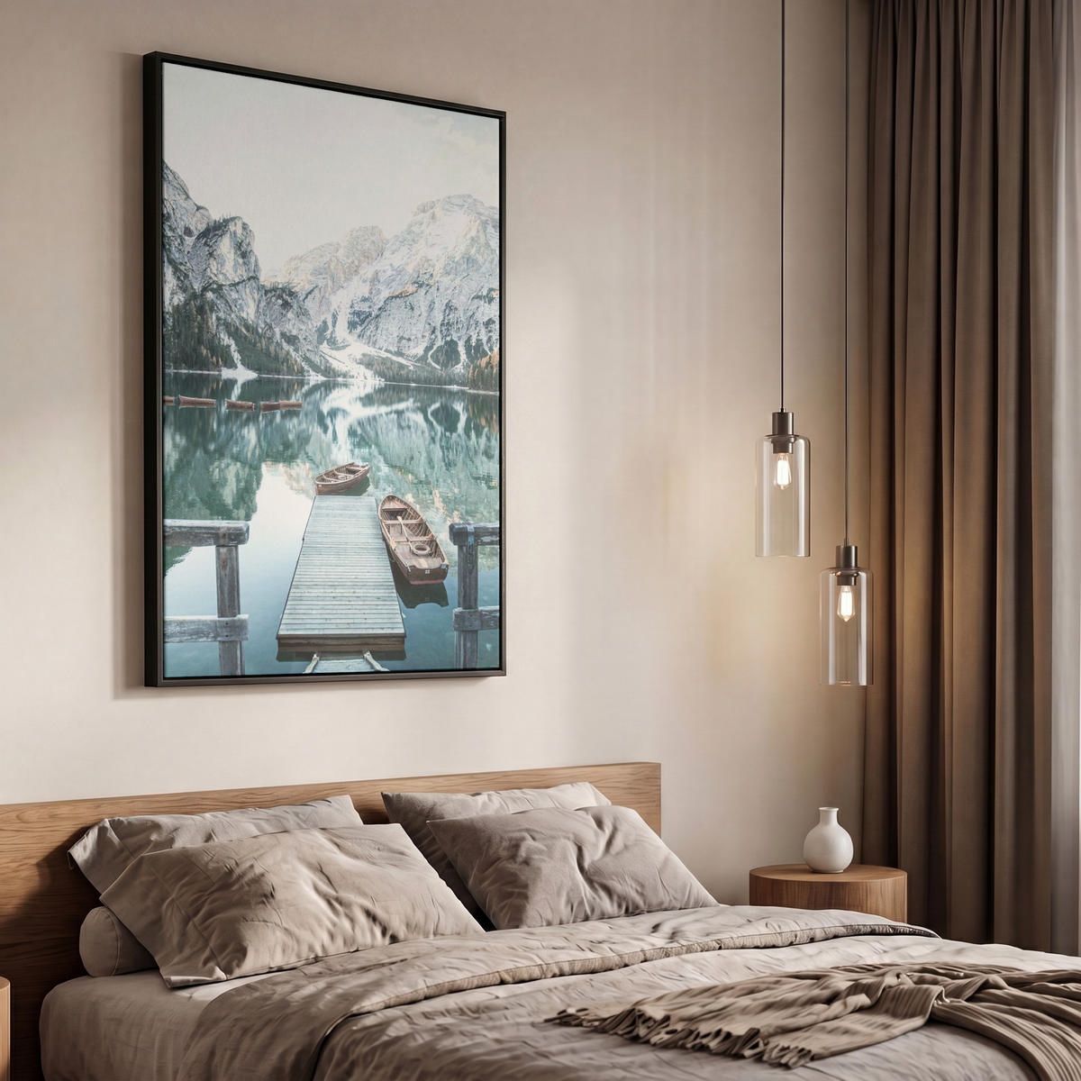 LEINWAND Bilder mit Rahmen - Natur - Berge - Schnee - Wald - Boot - 60x90 - Hellgrün, Textil (60/90cm) - MuchoWow