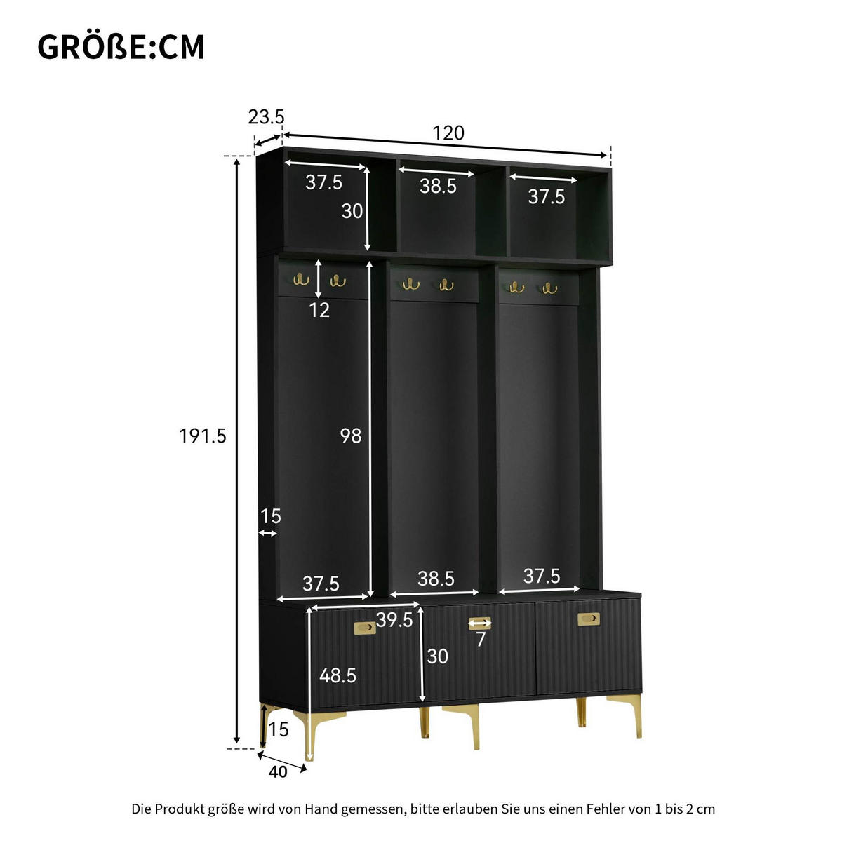 GARDEROBE 120/191,5/23,5 cm Schwarz aus Spanplatte mit Sitzbank - Schwarz, Holzwerkstoff (40/191/120cm) - OKMYHOME