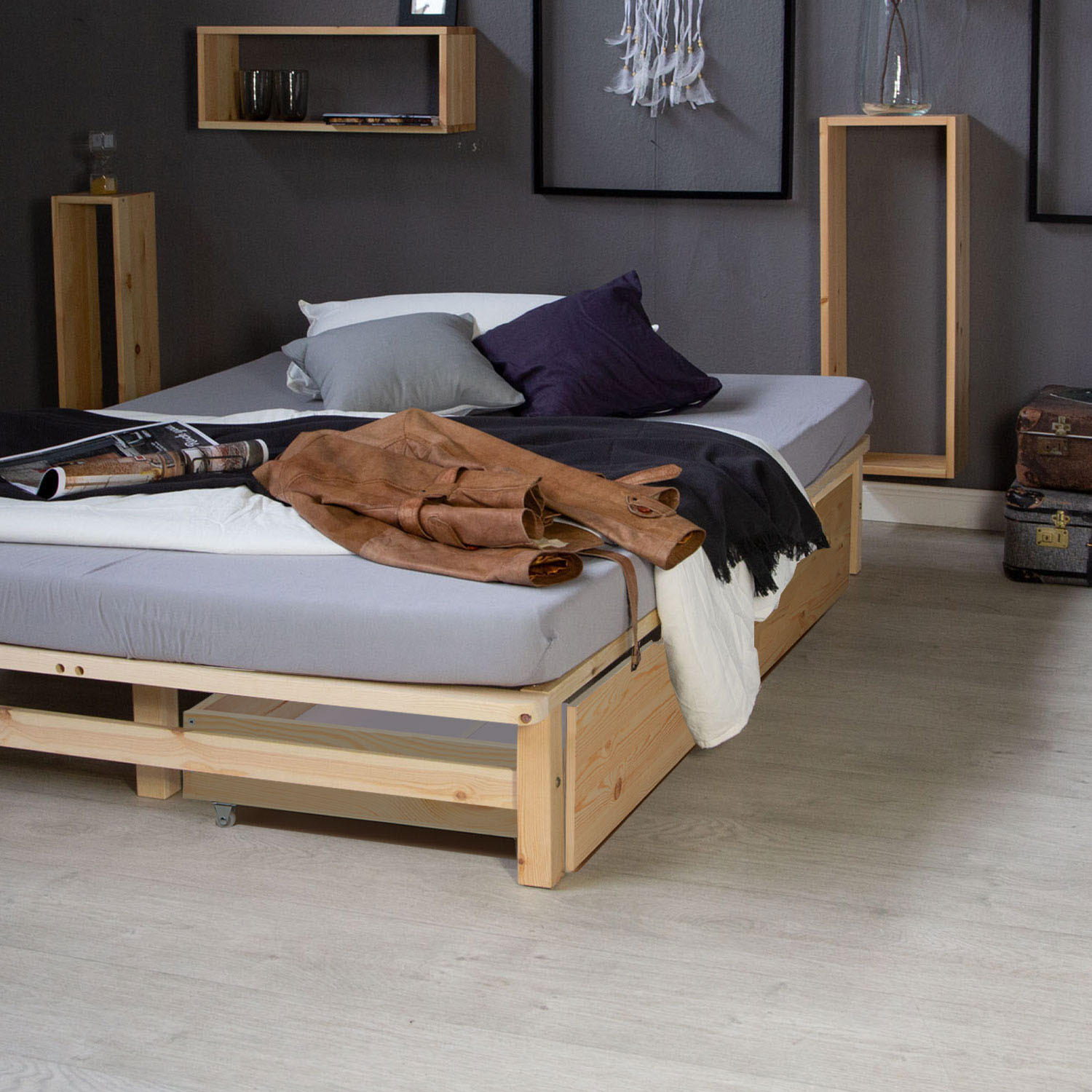 BETTSCHUBKASTEN 2er Set Natur 82/53,3 cm - Braun, Holz - Homestyle4u
