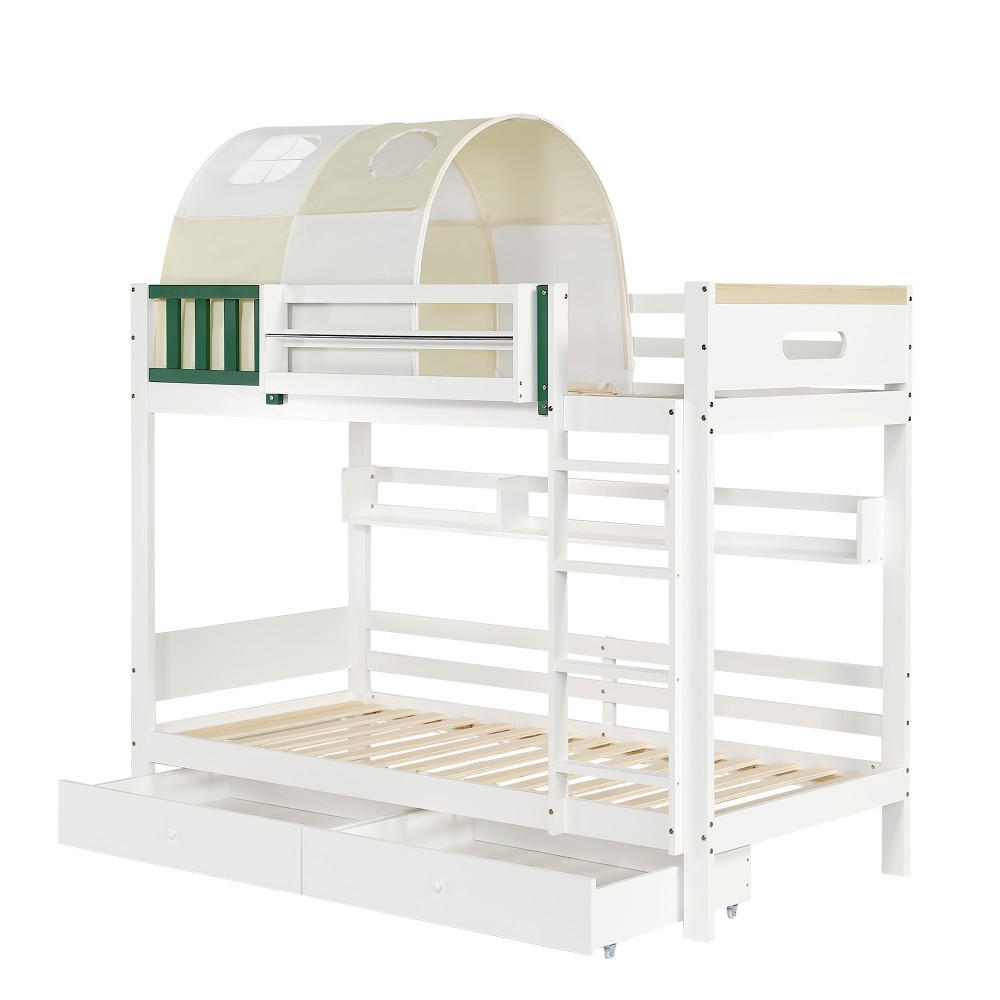 ETAGENBETT 90x200cm in Weiß+Gelb Grün，Zwei Schubladen mit Rollen - Weiß, Holz (90/200cm) - KOMHTOM