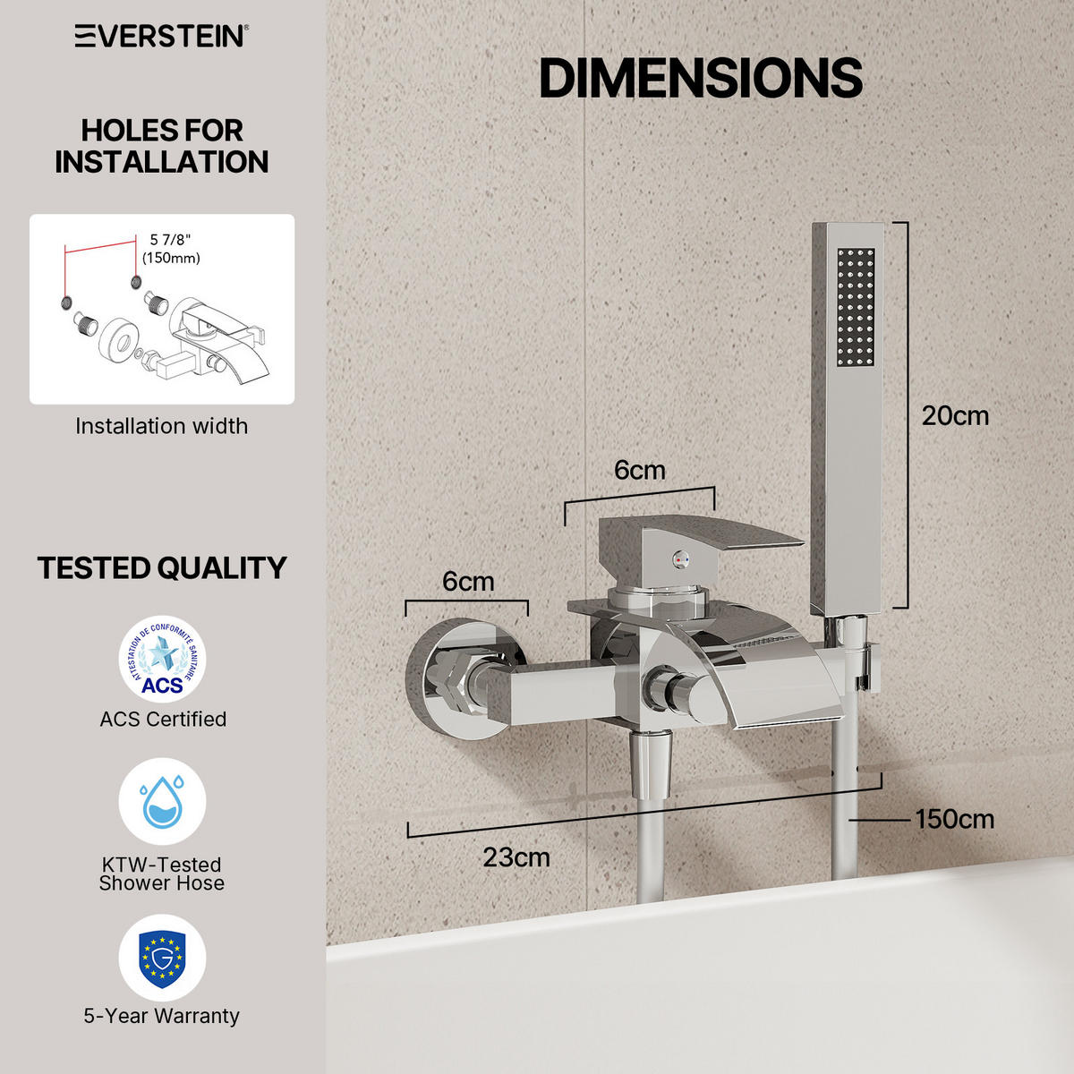 BADEWANNENARMATUR SFS-5005 Chrom, Aufputz mit Wasserfallauslauf 200 mm Handbrause 1500 mm Einhebel 150 mm Stichmaß - Chromfarben, Metall (6/20/23cm) - Everstein