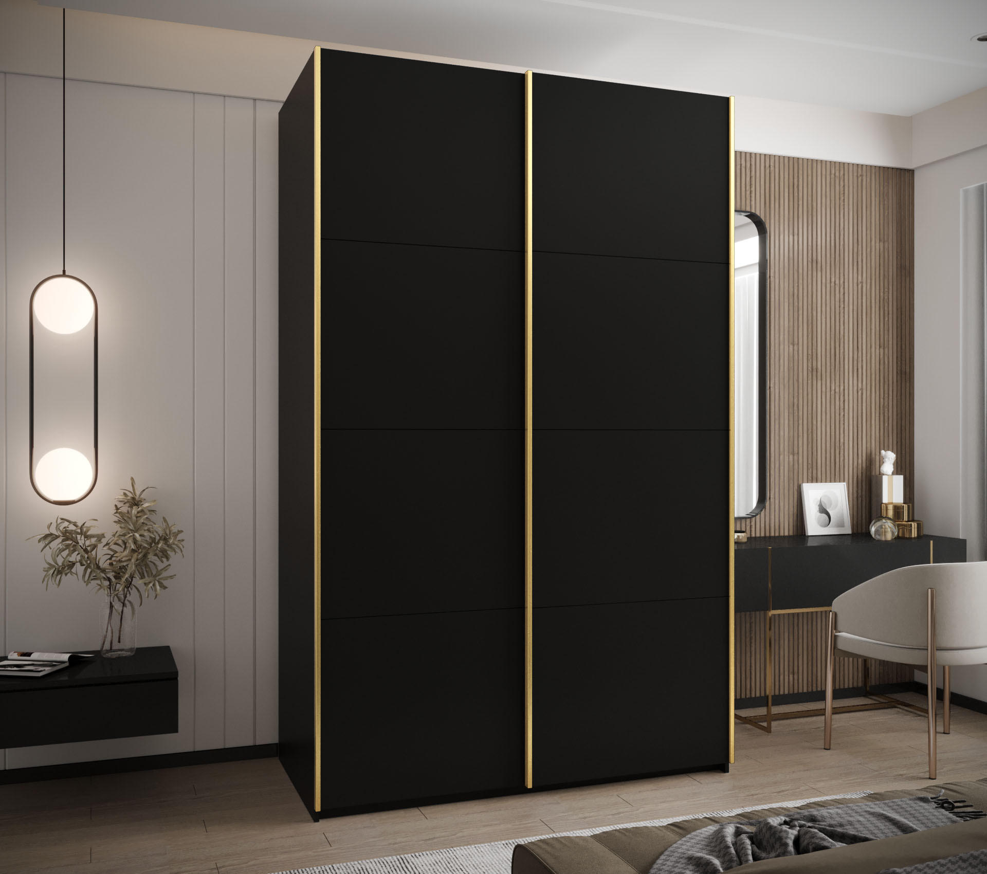 SCHWEBETÜRENSCHRANK 245,5/160/64 2-türig - Goldfarben/Schwarz, Holz/Metall (160/245/64cm) - Abiks Möbel