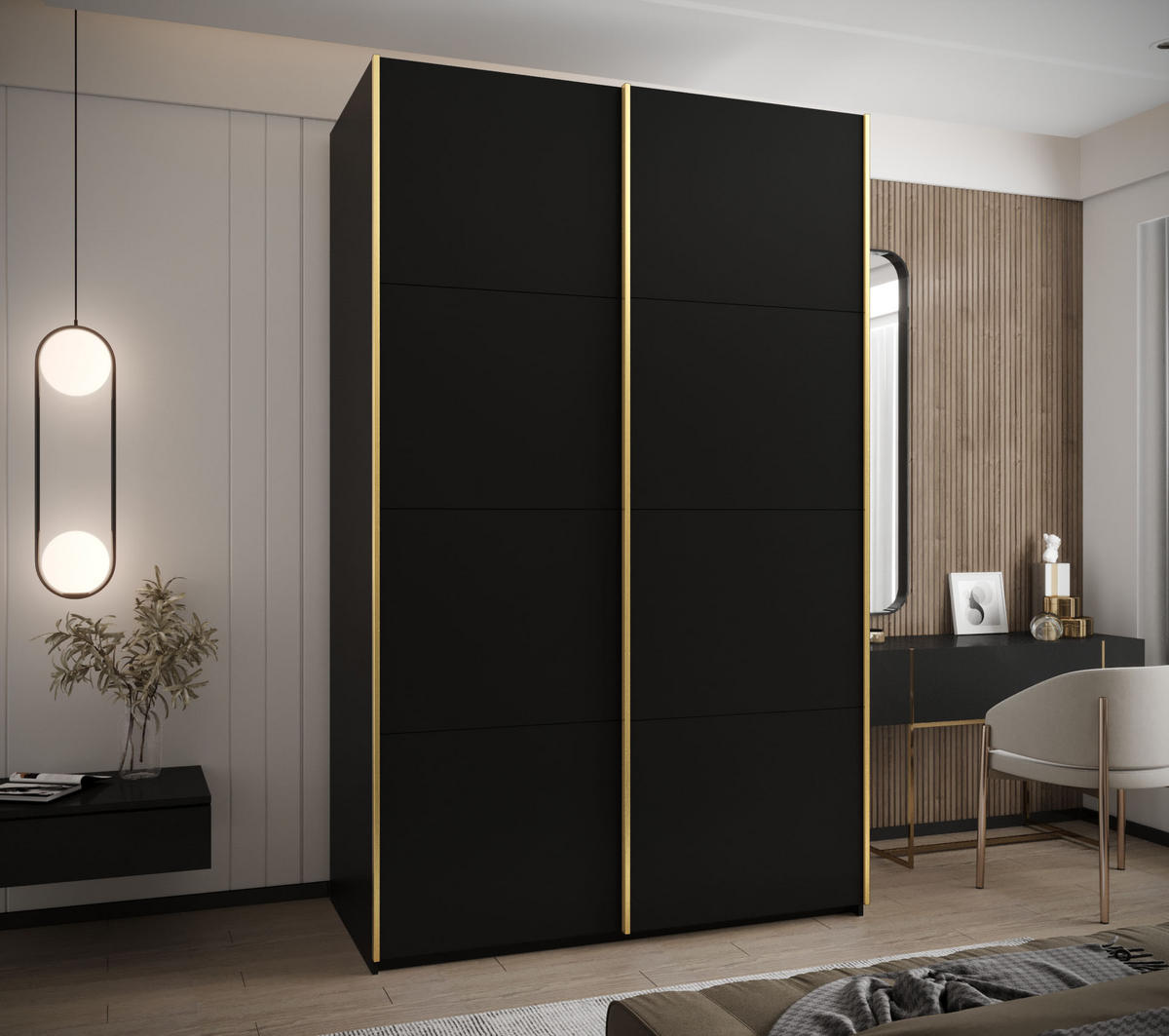SCHWEBETÜRENSCHRANK 245,5/160/64 2-türig - Goldfarben/Schwarz, Holz/Metall (160/245/64cm) - Abiks Möbel