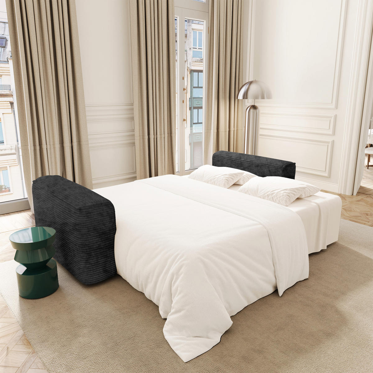 SCHLAFSOFA mit Stauraum COMO Cord Schwarz 254cm - Schwarz, Textil (254/78/95cm) - Premium Interiors