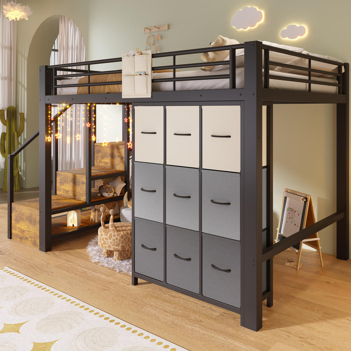 HOCHBETT 140/200 cm Schwarz/Weiß aus Metall und MDF mit Stauraum - Schwarz, Holzwerkstoff (140/200cm) - OKMYHOME