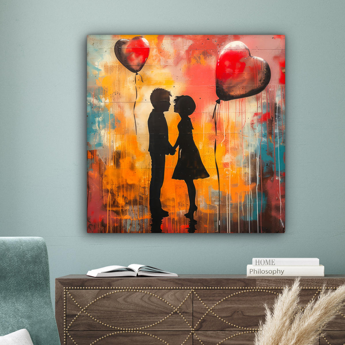 LEINWANDBILD Straßenkunst - Liebe - Graffiti - Kunst - Banksy 90x90 cm - Orange, Textil (90/90cm) - MuchoWow