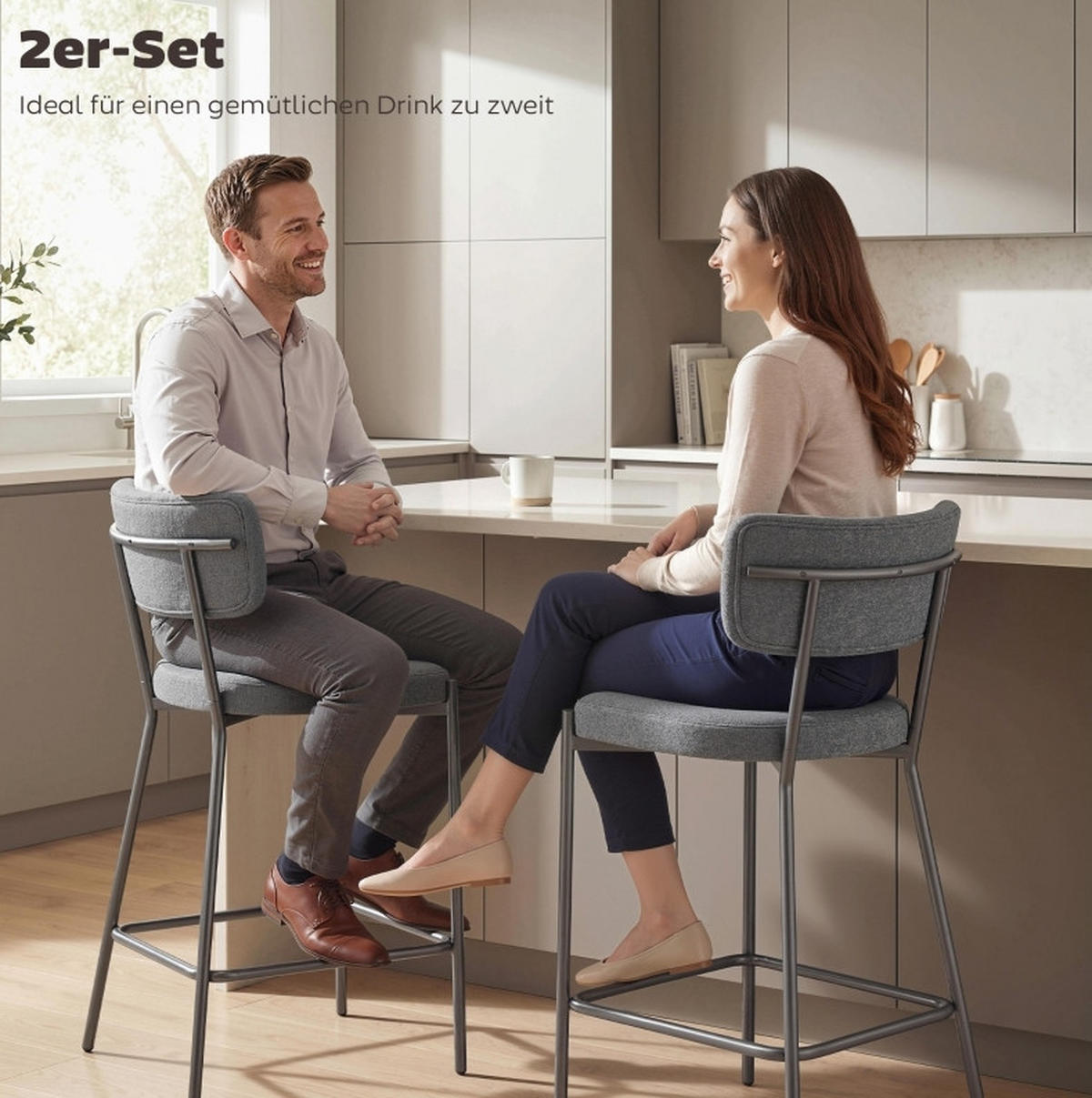 BARHOCKER 2er-Set mit Rückenlehne 49 x 53 x 93 cm Polyester Gray - Grau, Metall (49/93/53cm) - Meubliv