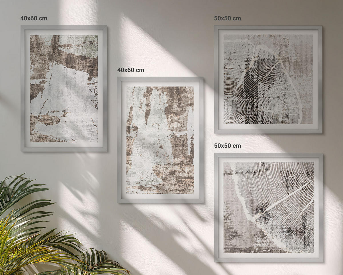 BILDER SET 4er Set - 50x50 cm & 40x60 cm Silberner Rahmen - Abstrakte Muster, weiß, braun - Silberfarben, Kunststoff (50/50cm) - TULUP