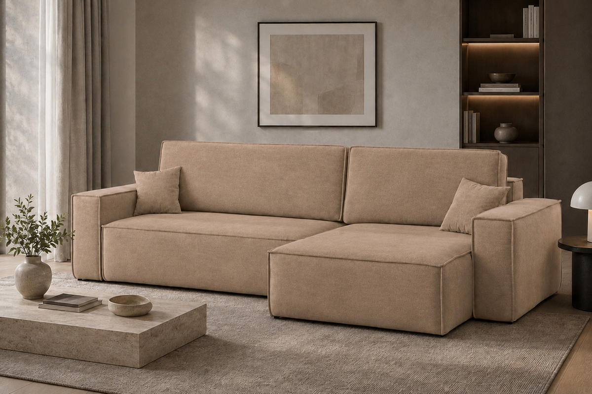 ECKSOFA L-Form Mit Schlaffunktion Und Bettkasten, Veloursstoff Bluvel, Latte, Rechts, BEST XL - Cappuccino, Holz (274/142cm) - Kaiser Möbel