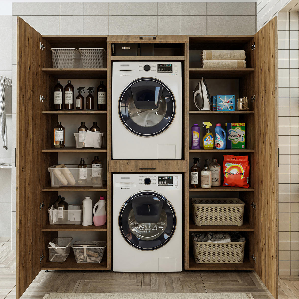 WASCHMASCHINENSCHRANK DUO-I 187cm Breit, 205cm Hoch - Eichefarben, Holzwerkstoff (187/205/67cm)
