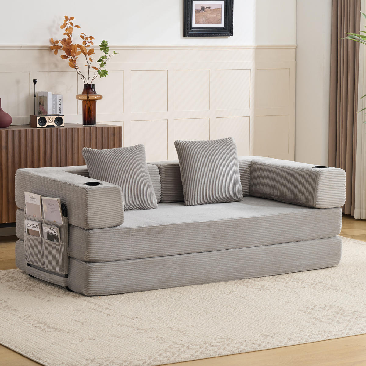 SCHLAFSOFA DE-33520 faltbar mit Becherhalter und Seitentasche Hellgrau - Hellgrau, Textil (185/60/92.5cm) - ComfortXL