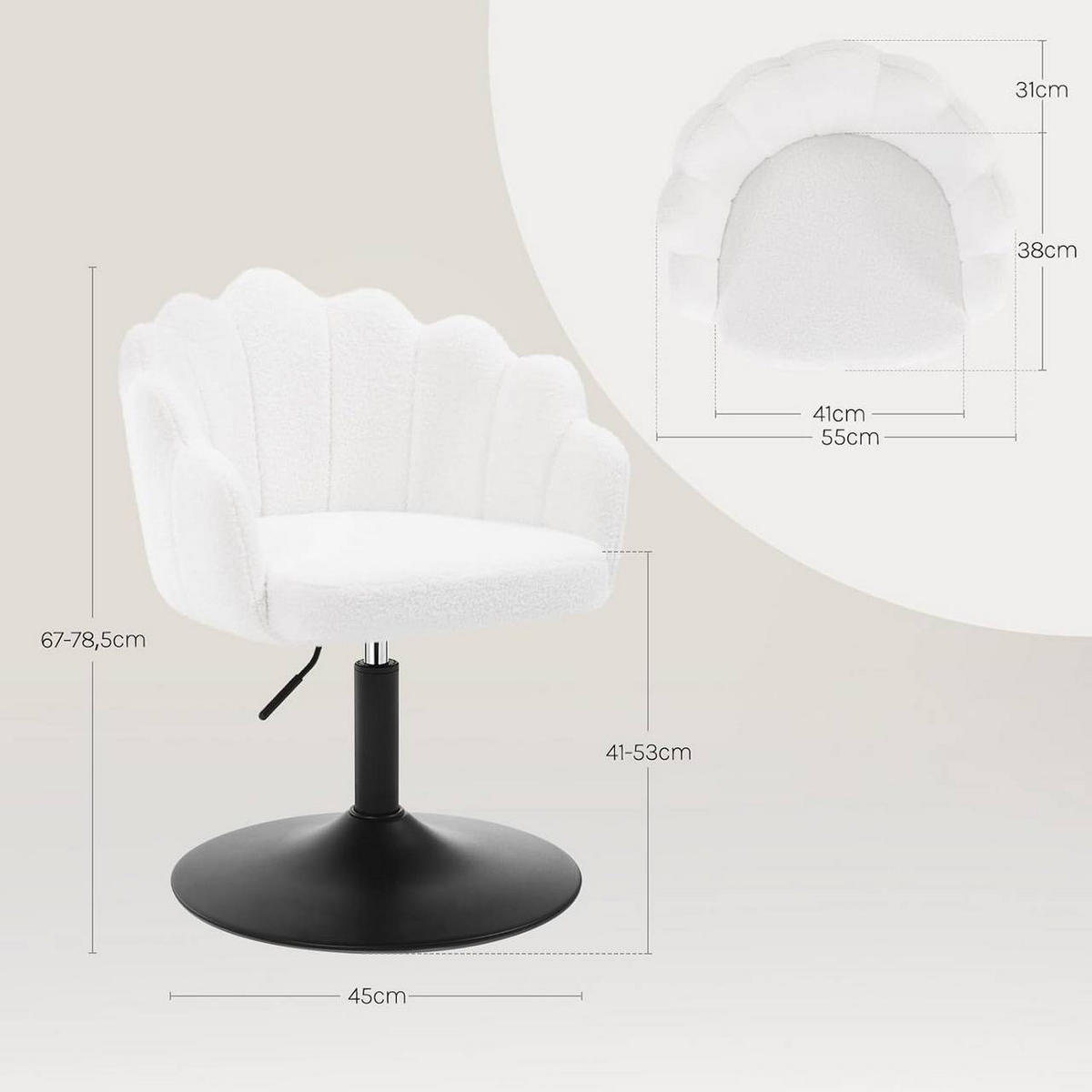 DREHSTUHL, Blumenform, Boucle-Stoff, Schminkstuhl, Weiß - Schwarz/Weiß, Textil/Metall (55/67/50cm) - Woltu
