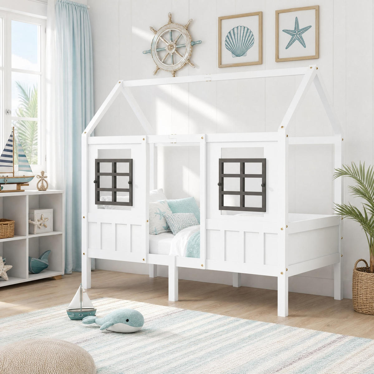 HAUSBETT 90/200 mit 2 Schubladen, Fenstern und Schutzgitter in Weiß - Weiß, Holzwerkstoff (90/200cm) - EVRYAE