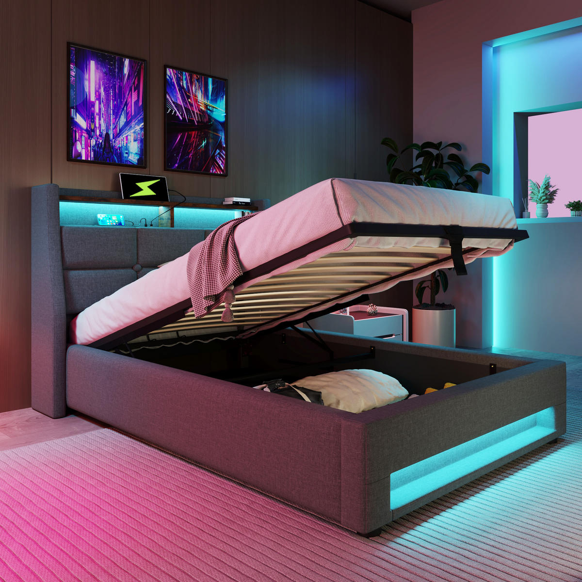 POLSTERBETT 90/200 cm grau mit USB-Anschluss und LED-Beleuchtung - Grau, Textil (90/200cm) - OKWISH