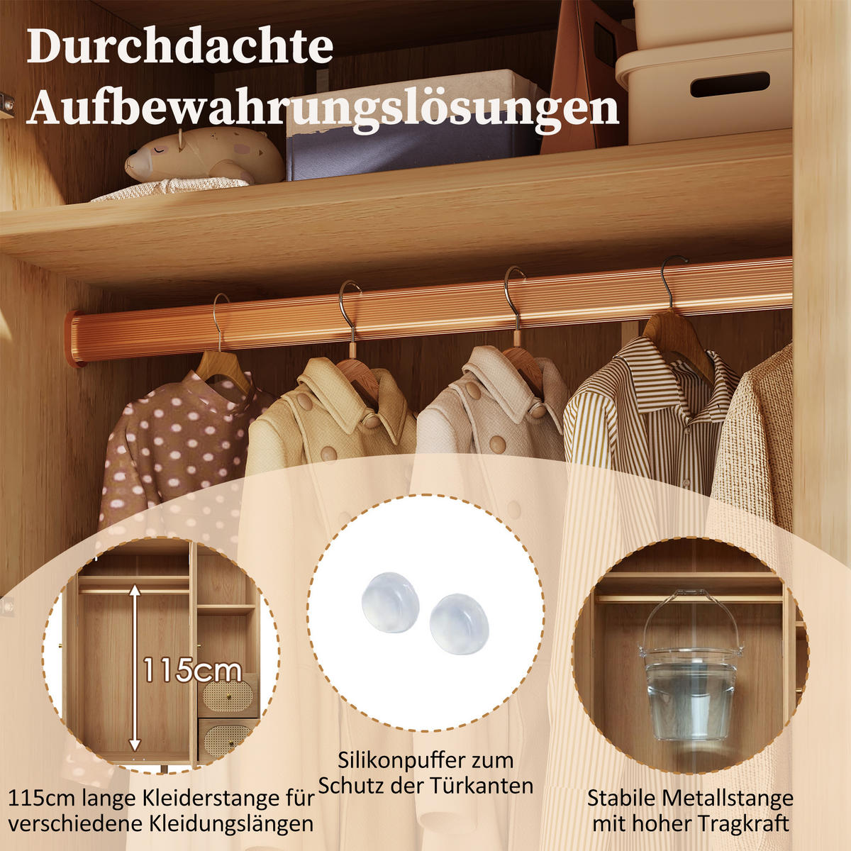 KLEIDERSCHRANK in Eichenfarbe Hochschrank mit Schubladen und Kleiderstange für Schlafzimmer, B120/T44/H161 cm - Eichefarben/Naturfarben, Holz/Holzwerkstoff (120/161/44cm) - STILVORA