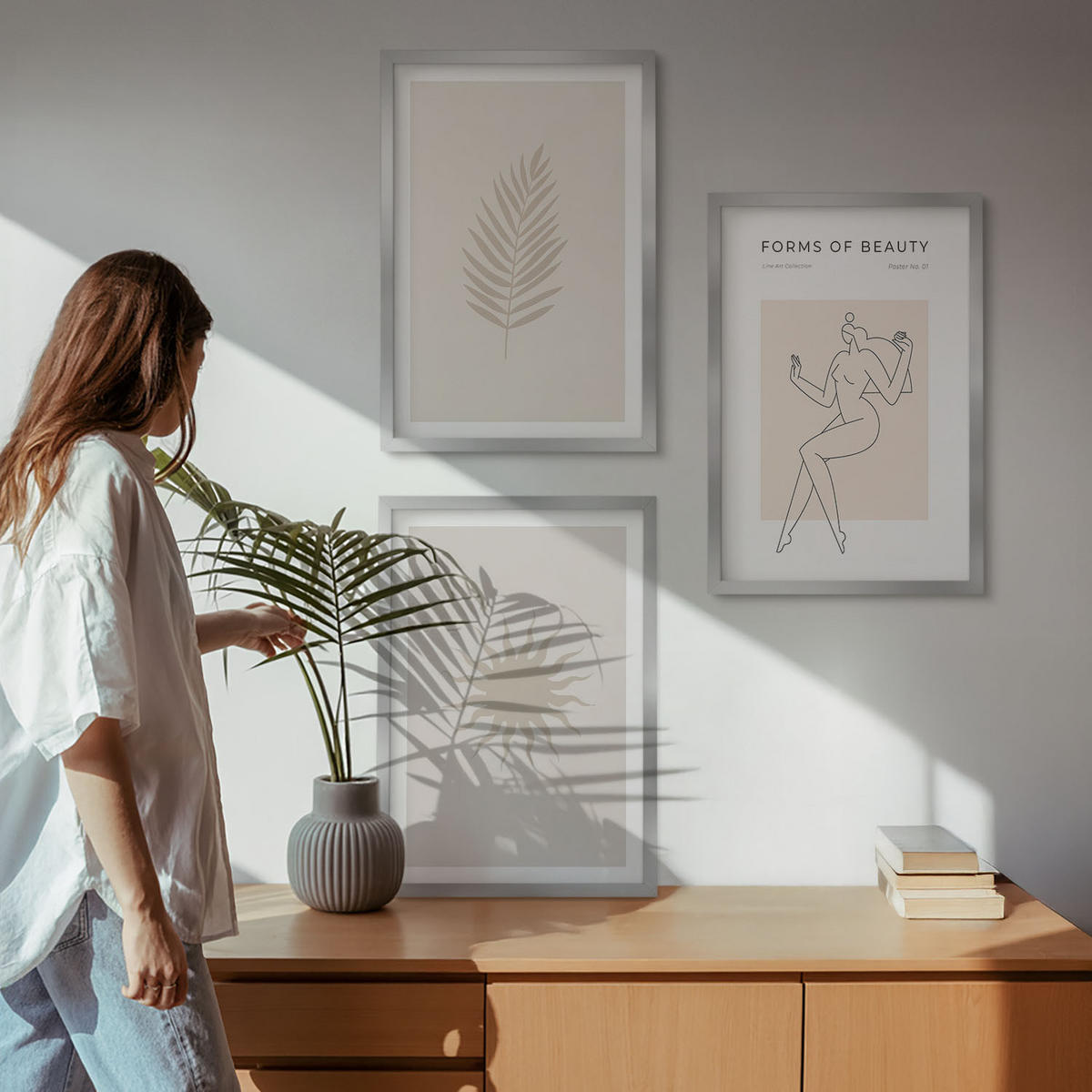BILDER SET 3er Set - 40x60 cm Silberner Rahmen - Eine Sammlung minimalistischer Formen - Silberfarben, Kunststoff (40/60cm) - TULUP