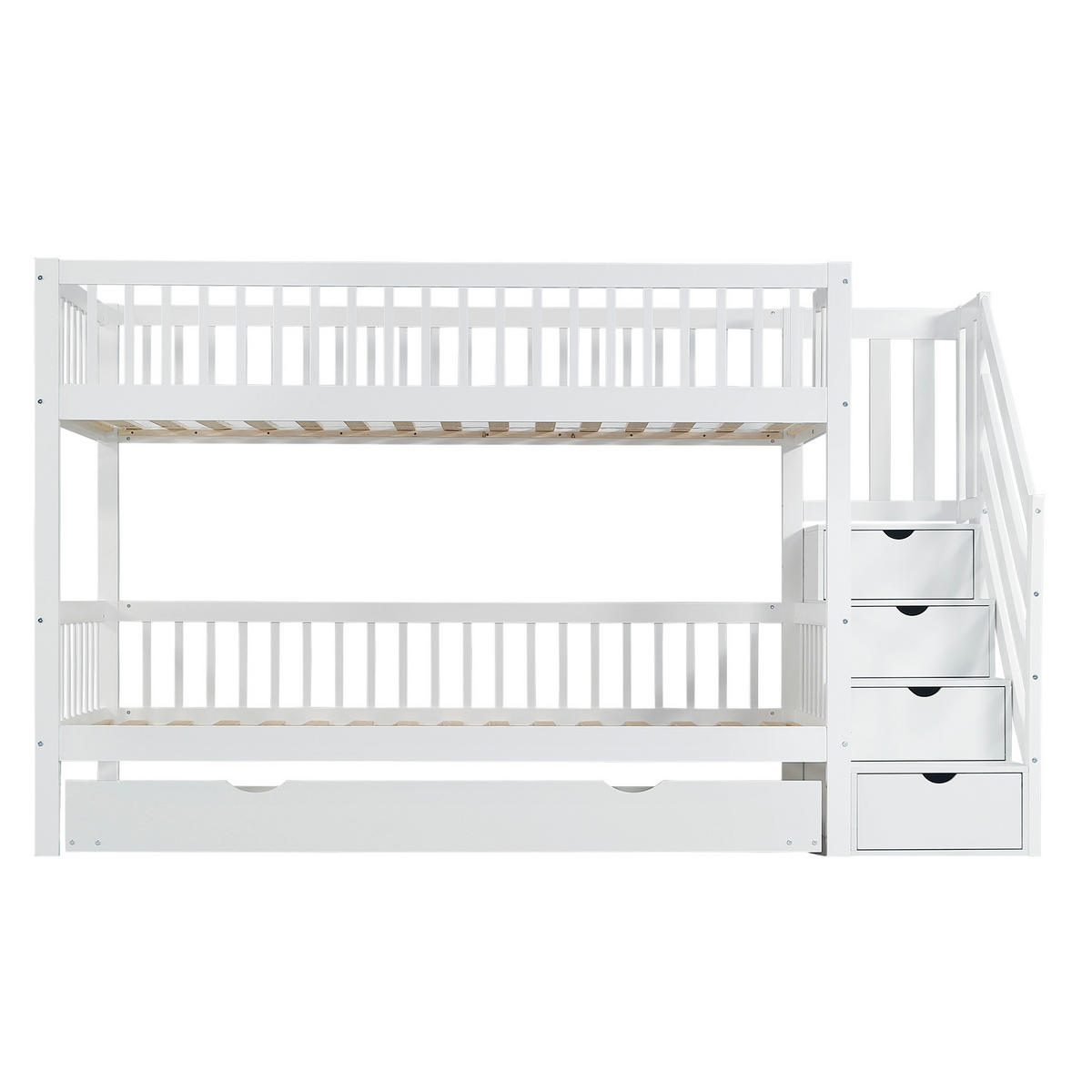 ETAGENBETT aus Kiefer und MDF 90x200/190 cm Weiß mit Rollbett, Leiterschrank und Rundum-Fallschutz - Weiß, Holzwerkstoff (90/200cm) - Modfu