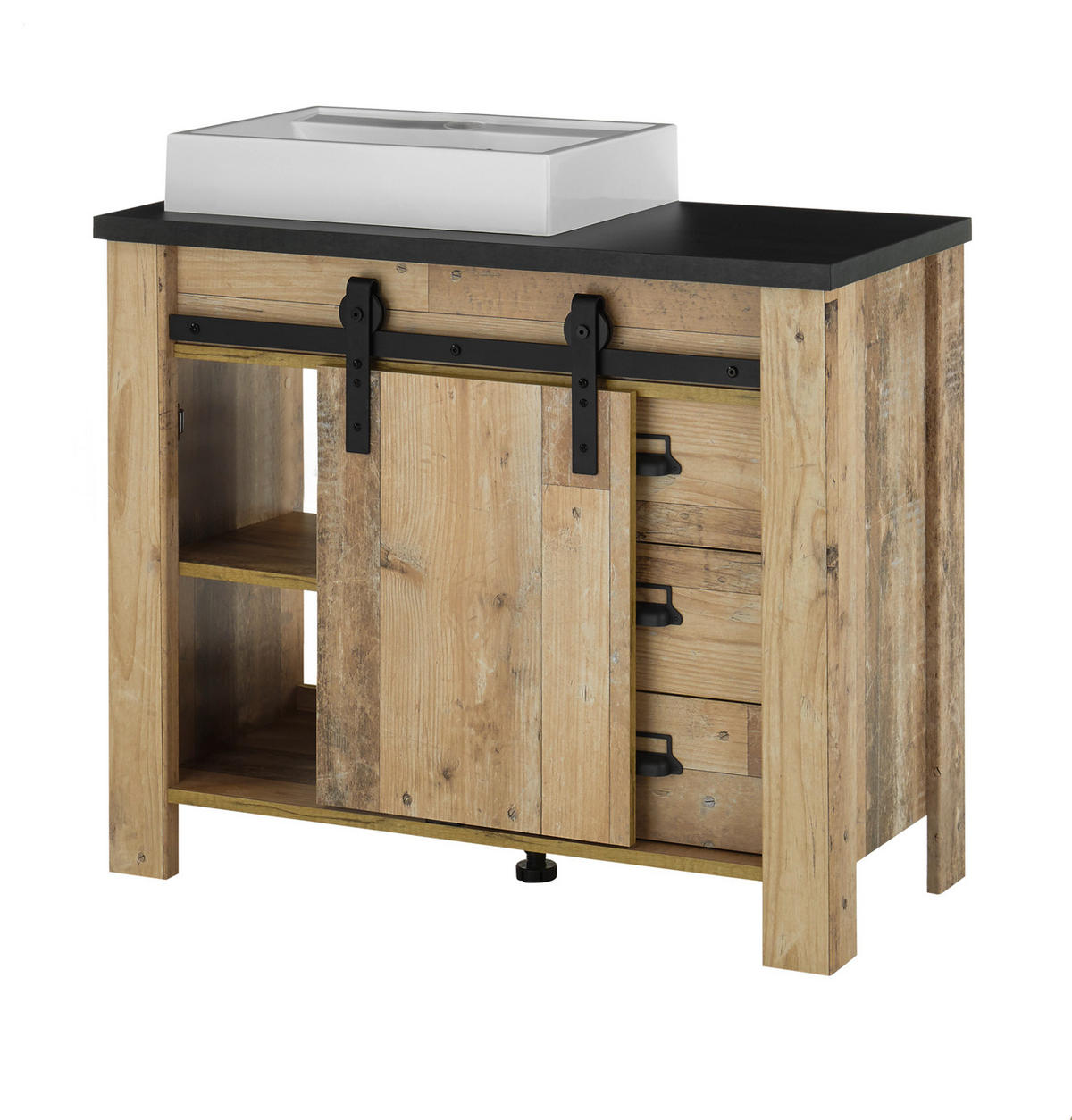 BADMÖBEL-SET 5-teilig, Used Wood hell, anthrazit, Badkombination mit Waschbecken LED Spiegellampe - Eichefarben/Anthrazit, Holzwerkstoff/Metall (208/210/43cm) - Furn.Design