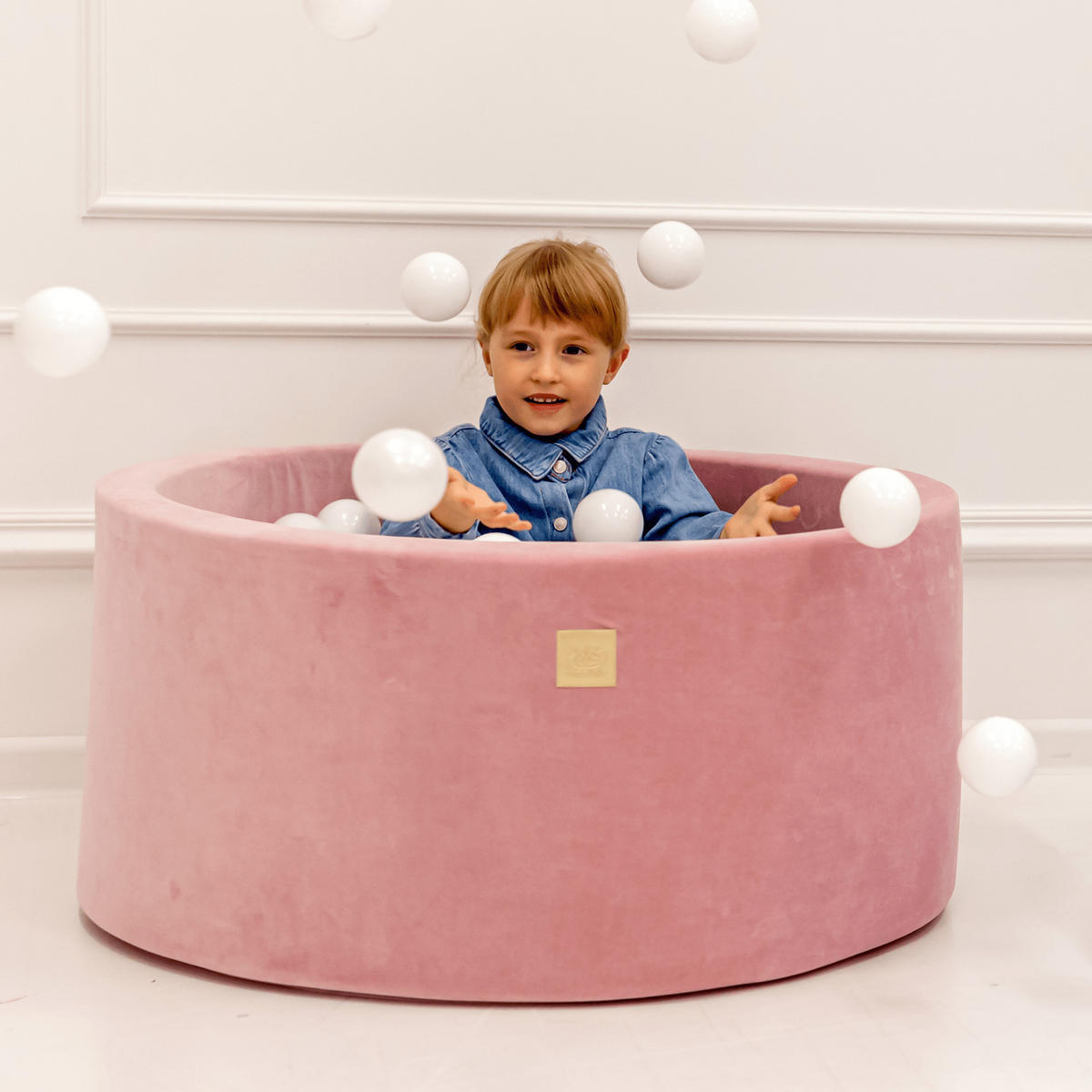 BÄLLEBAD rund für Kinder, Samt, Puderrosa, mit 200 Bällen - Hellrosa/Transparent, Textil (90cm) - MeowBaby