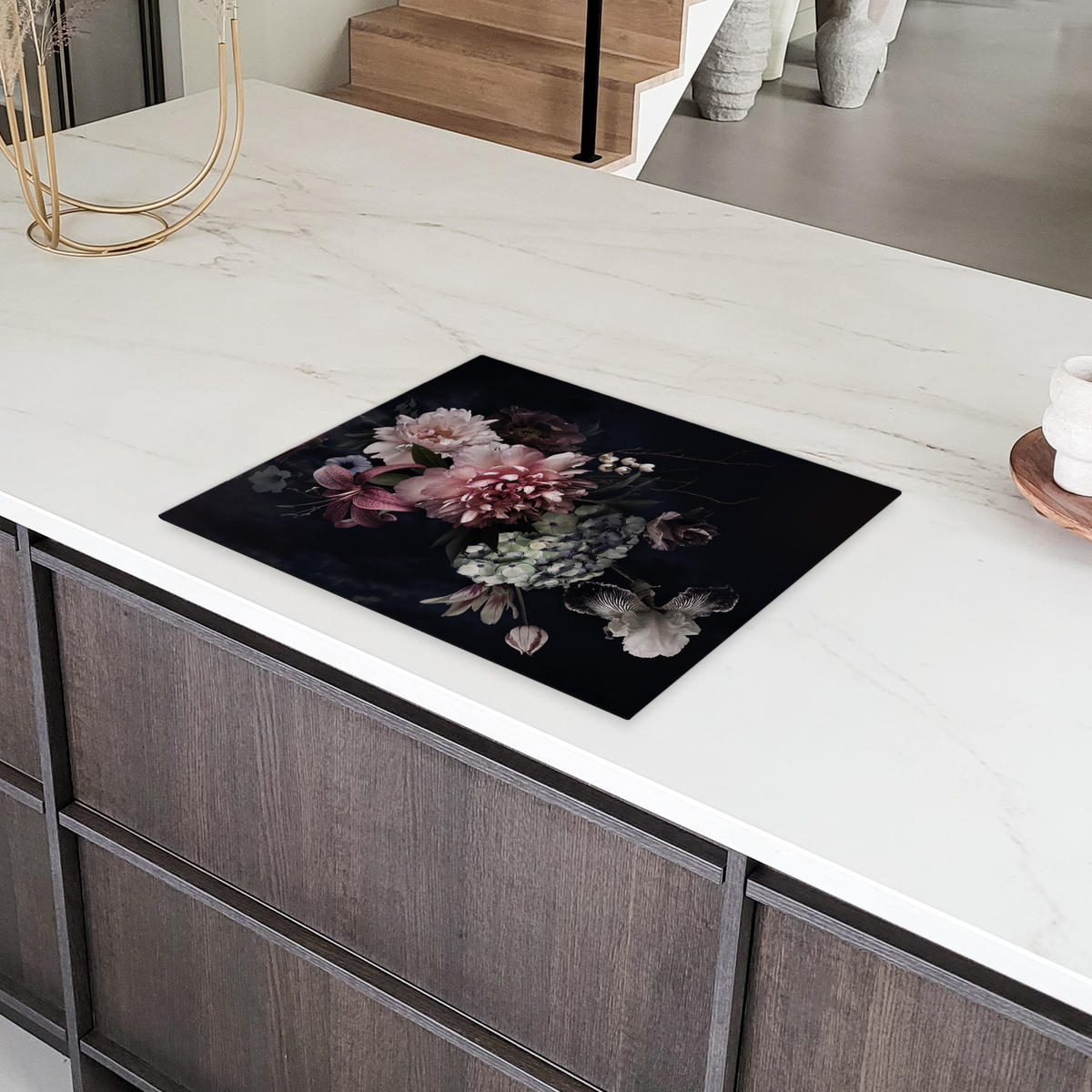 HERDABDECKPLATTE Blumen - Vintage - Pastell - Rosa - Weiß 65x52 cm - Altrosa, Kunststoff (65/52/0.2cm) - MuchoWow