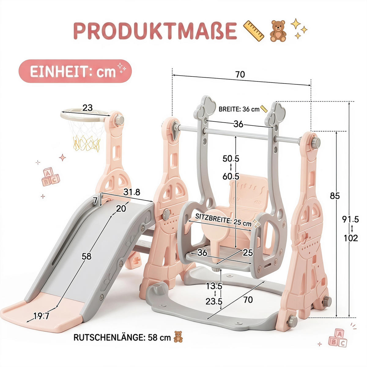 KINDERRUTSCHE 4 in 1 Indoor und Outdoor Babyrutsche mit Basketballkorb, Rosa - Rosa, Kunststoff (118/102/140cm) - GENKI LIVING