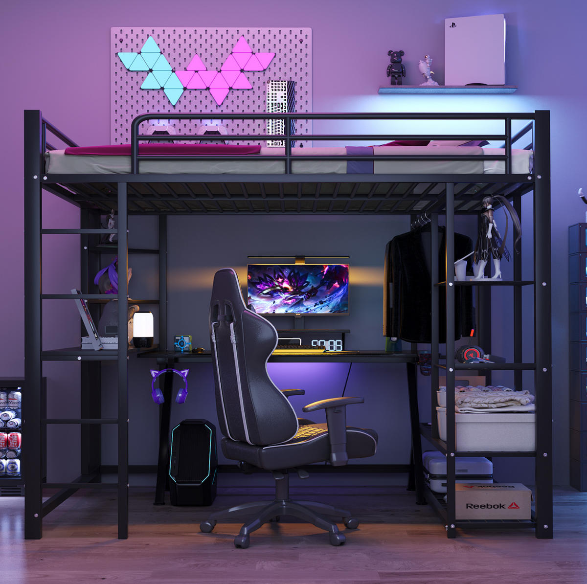 HOCHBETT 140/200 cm Schwarz mit Schreibtisch und Regal ohne Matratze - Schwarz, Metall (140/200cm) - MIVRAY