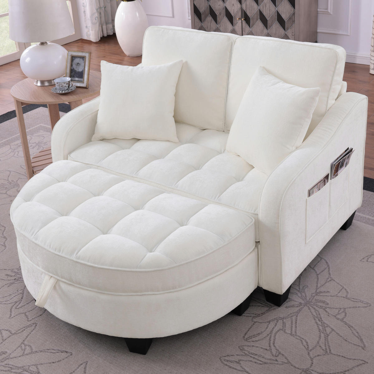 SOFA Chenille Beige mit Hocker und Schlaffunktion - Beige, Holzwerkstoff/Kunststoff (132/93/129cm) - WISHDOR