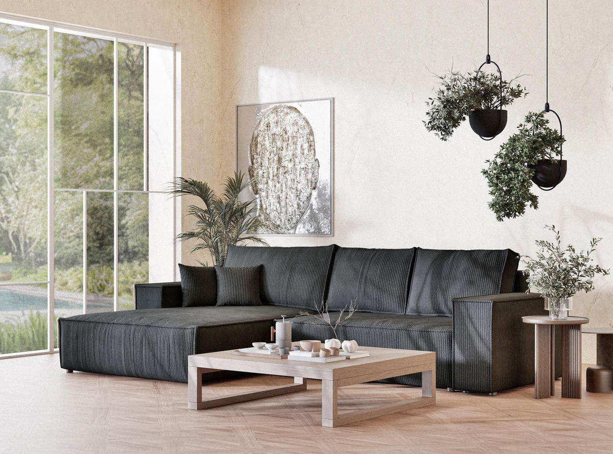 ECKSOFA MIT SCHLAFFUNKTION Maze Anthrazit Samtstoff - Anthrazit/Schwarz, Holz/Holzwerkstoff (294/185cm) - Maison de Reve