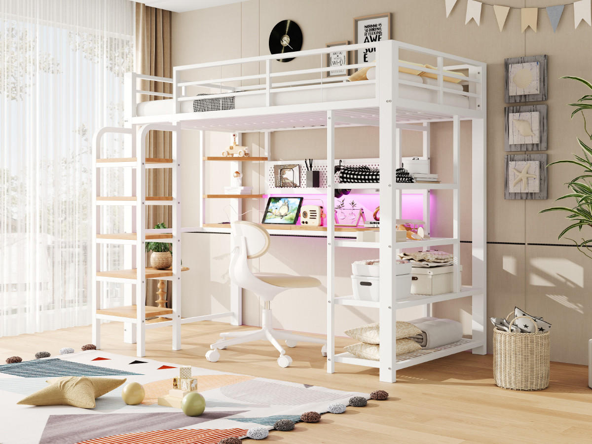 HOCHBETT 90/200 cm in Weiß mit LED, Steckdose, Schreibtisch und Ablagefächern aus Metall und Holz - Weiß, Holzwerkstoff/Metall (90/200cm) - CHICFURN