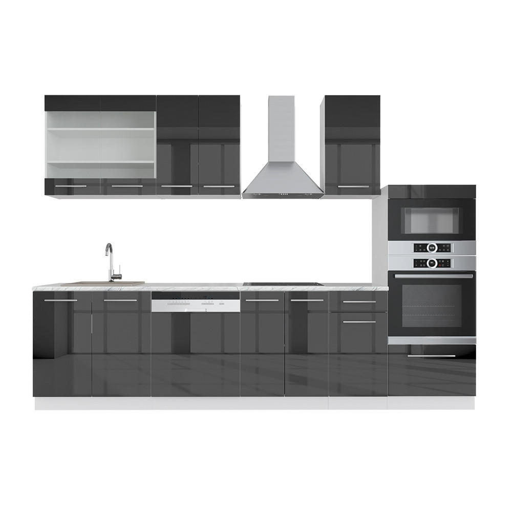 KÜCHENZEILE Fame-Line Anthrazit Hochglanz/Weiß 300 cm mit Hochschrank, AP Marmor - Schwarz Hochglanz/Weiß, Holzwerkstoff (300/81.6/60cm) - Vicco