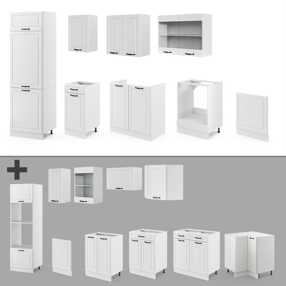 KÜCHENZEILE R-Line Weiß Landhaus/Weiß 300 cm ohne AP - Creme/Weiß, Holzwerkstoff (300/81.6/46cm) - Vicco