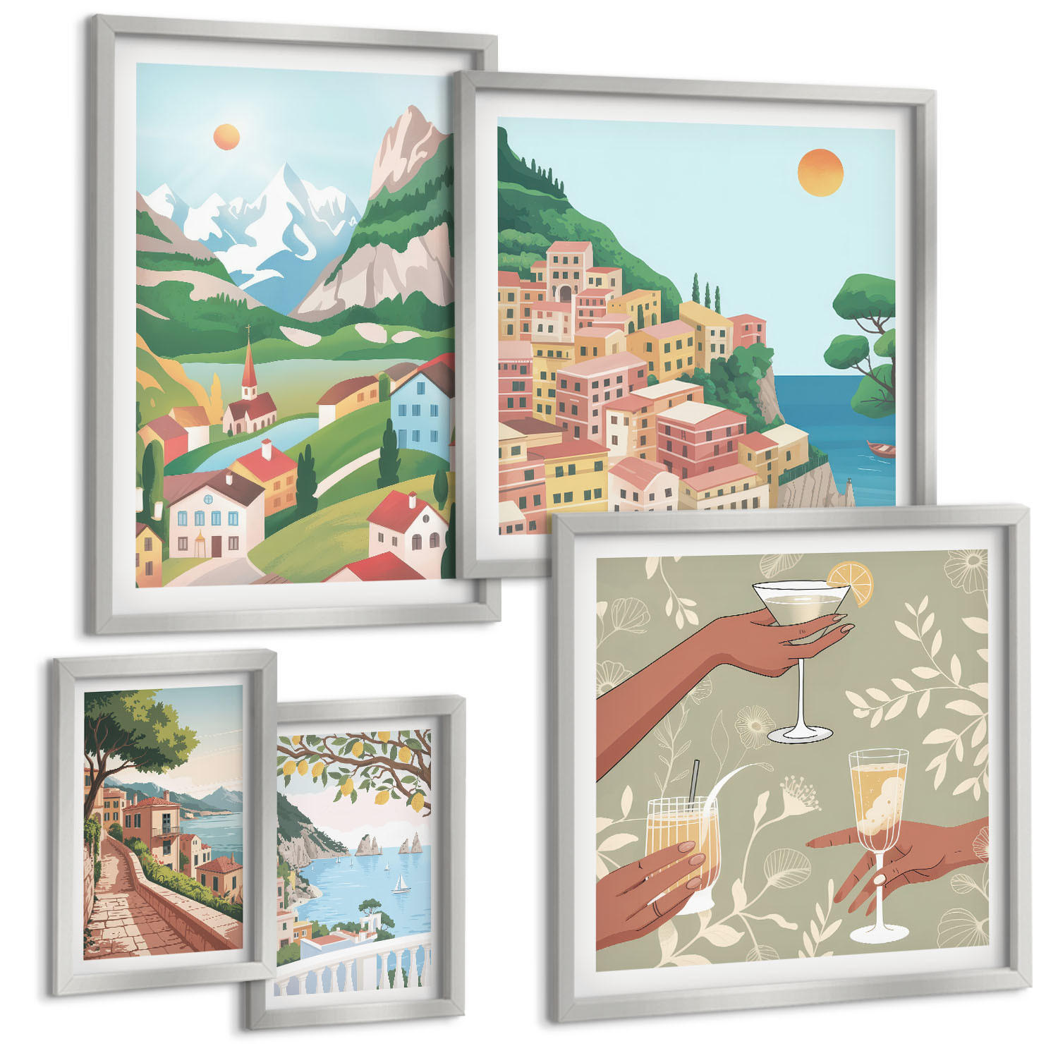 BILDER SET 5er Set - 50x50 cm & 20x30 cm & 40x60 cm Silberner Rahmen - Meereslandschaften, Zitrusfrüchte - Silberfarben, Kunststoff (40/60cm) - TULUP