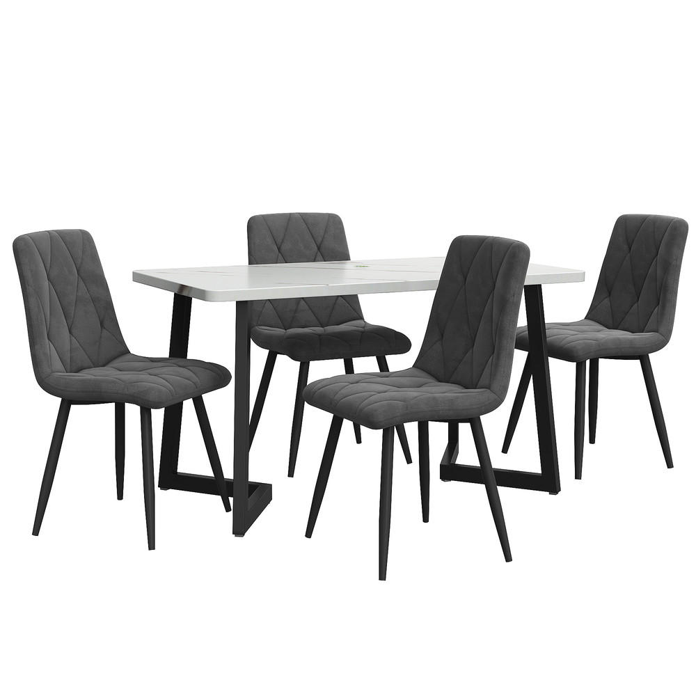 TISCHGRUPPE 5-tlg 117x68cm mit 4 Samtstühlen Dunkelgrau und Tisch Marmoroptik - Grau, Glas/Metall (74/10/130cm) - Raelunyi