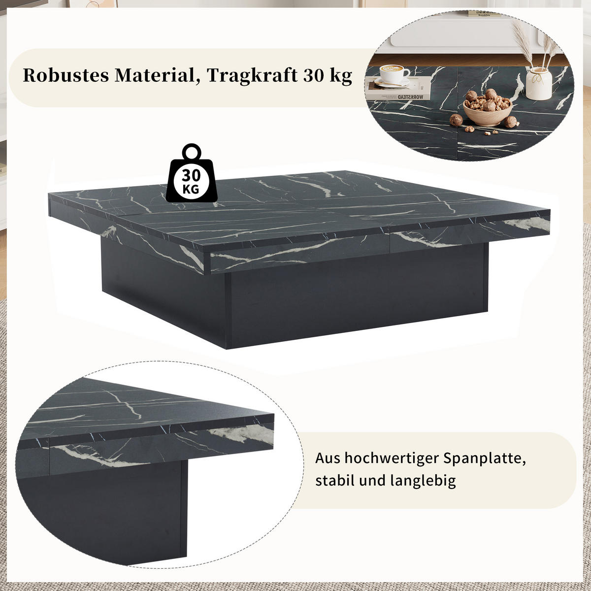 COUCHTISCH 90/90/25 cm schwarz mit Marmor-Optik und 4 Schubladen - Schwarz, Holzwerkstoff (90/90/25cm) - OKWISH