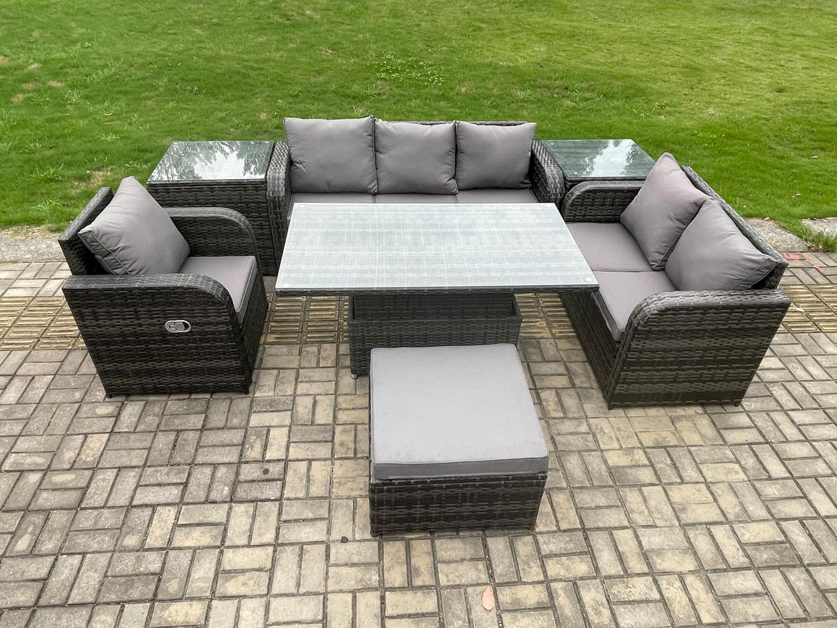 GARTENMÖBEL SET mit Höhenverstellbarer Esstisch 7-Sitzer Grau - Dunkelgrau/Grau, Glas/Kunststoff - Fimous
