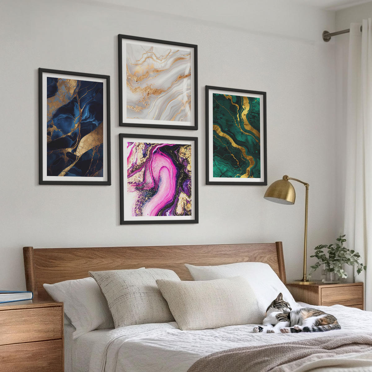 BILDER SET 4er Set - 50x50 cm & 40x60 cm Schwarzer Rahmen - Abstrakter Marmor mit Farben - Schwarz, Kunststoff (50/50cm) - TULUP