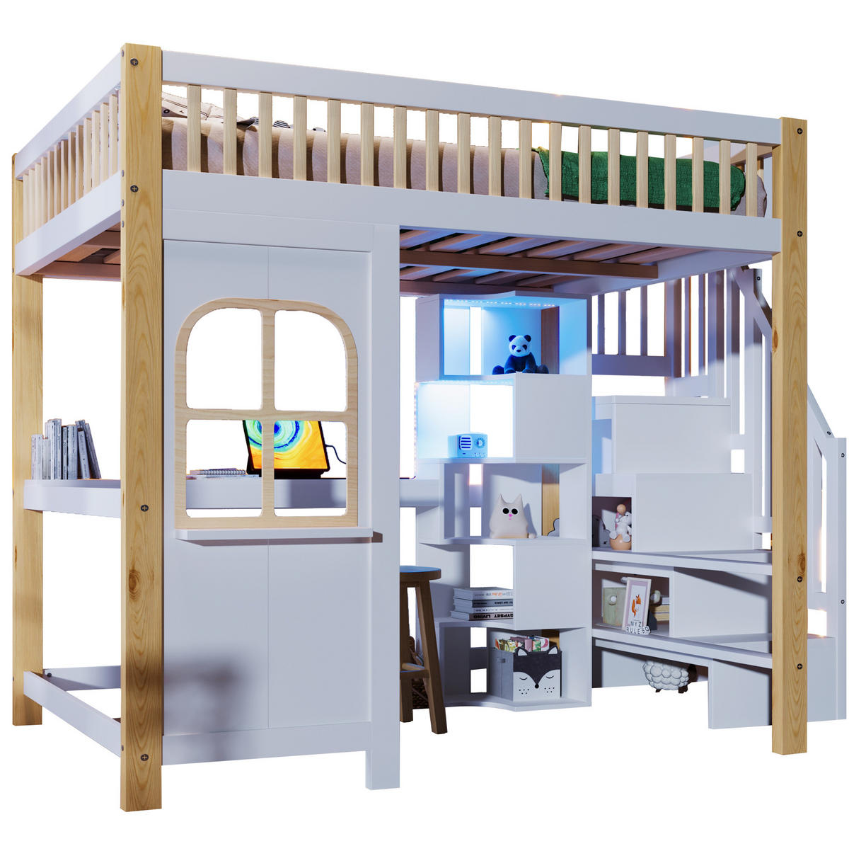 HOCHBETT 140/200 cm mit LED-Leuchten Fensterform Ablageleiter und Schreibtisch Weiß+Natur - Weiß, Holz (140/200cm) - OKWISH