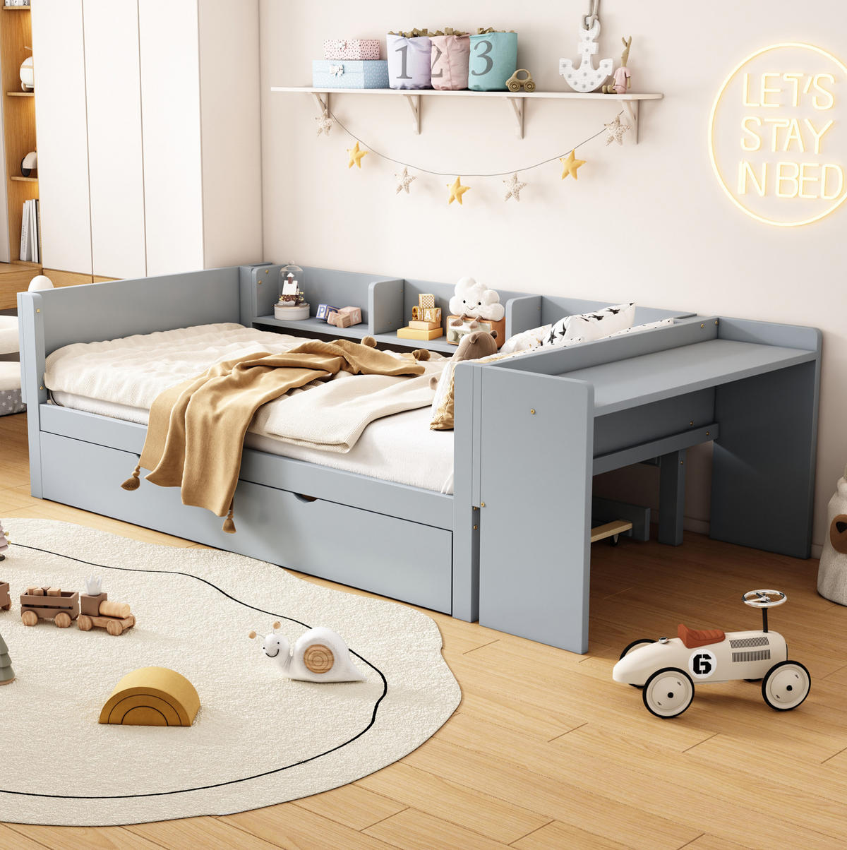 FLACHBETT 90/200 cm Grau mit ausziehbarem Bett und Schreibtisch aus Kiefernholz und MDF - Grau, Holz (90/200cm) - OKWISH