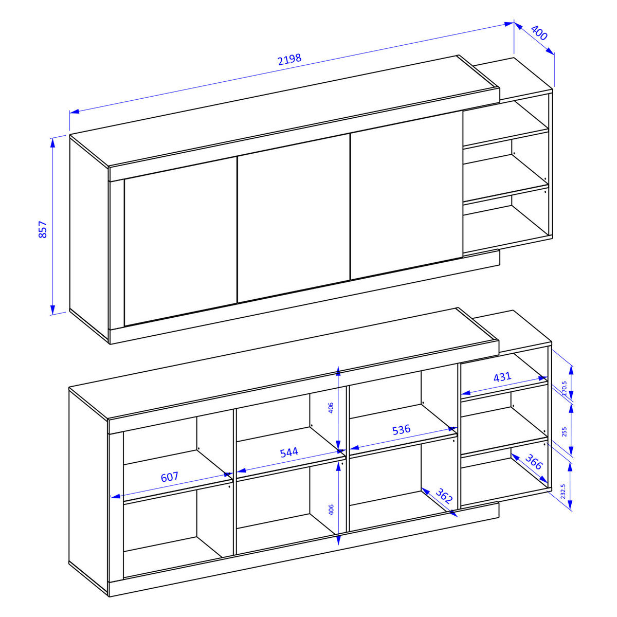 SIDEBOARD SINFONIA 220/86/40 cm mit 3 Türen Eichefarben - Eichefarben/Weiß, Holzwerkstoff (220/86/40cm) - MASSENO
