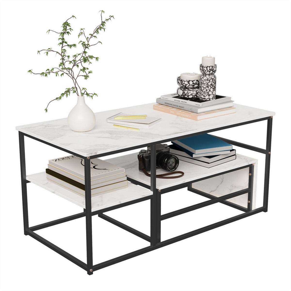 COUCHTISCH - Rechteckiger Couchtisch in Marmoroptik mit schwarzem Metallgestell - Weiß und Schwarz - Schwarz, Holzwerkstoff (52/105/48.5cm) - DELFA