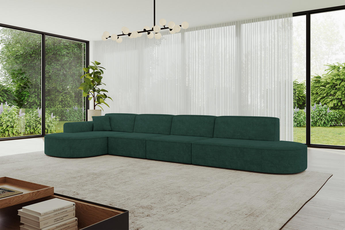ECKSOFA Ottomane Links MARI-L3 - 413x171x79 cm Grün Velours - Schwarz/Grün, Holzwerkstoff/Kunststoff (413/171cm) - ALTDECOR