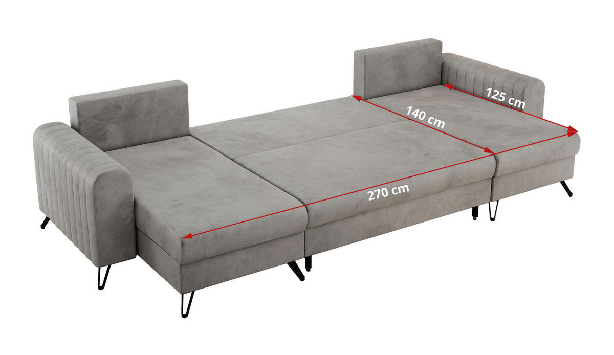 WOHNLANDSCHAFT AXEL U Velvet Hellgrau - Hellgrau/Schwarz, Textil/Metall (312/90/140cm) - MKS