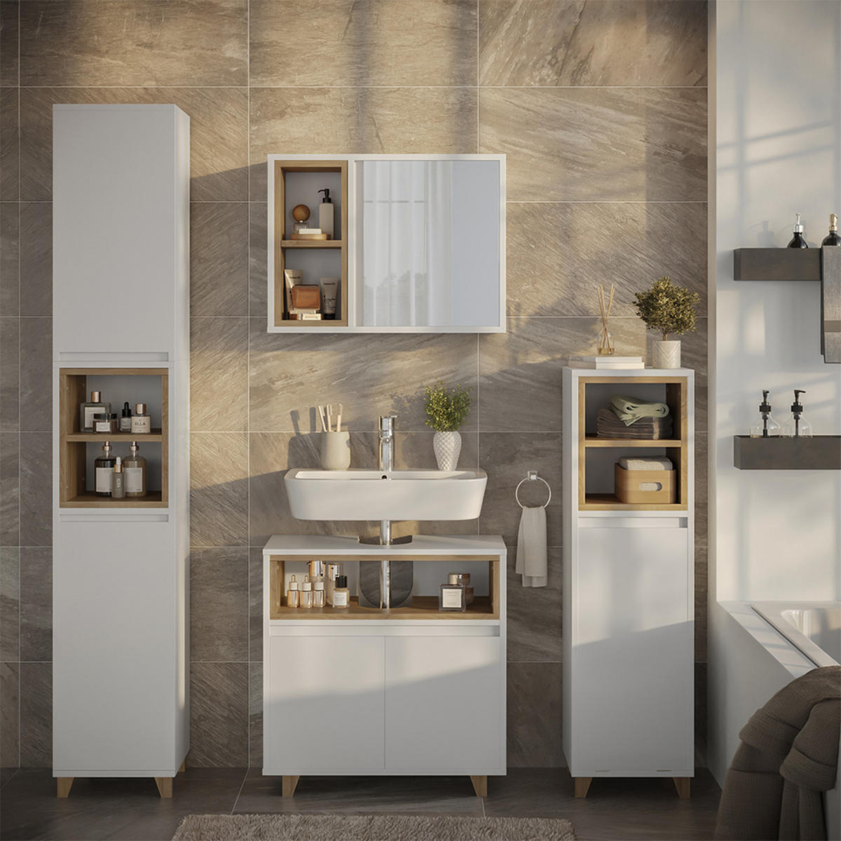 WASCHBECKENUNTERSCHRANK Elnor Weiß/Eiche 60 x 61 cm mit 2 Türen - Weiß, Holzwerkstoff (60/61/30cm) - Vicco